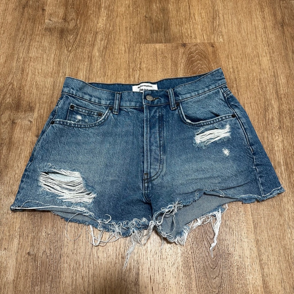 Reformation | Dixie Shasta Destroyed Blue Denim Distressed High Rise Shorts, 26